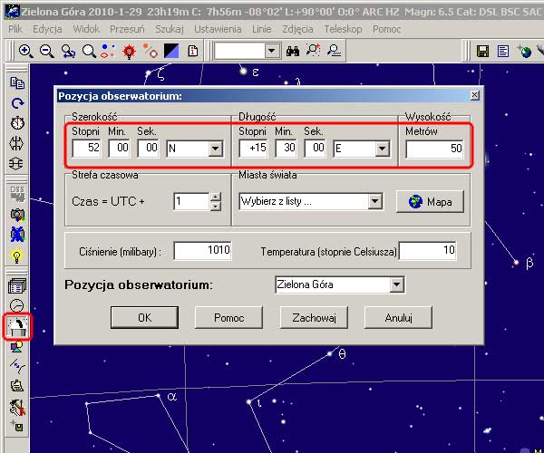 Ustawienia miejsca obserwacji